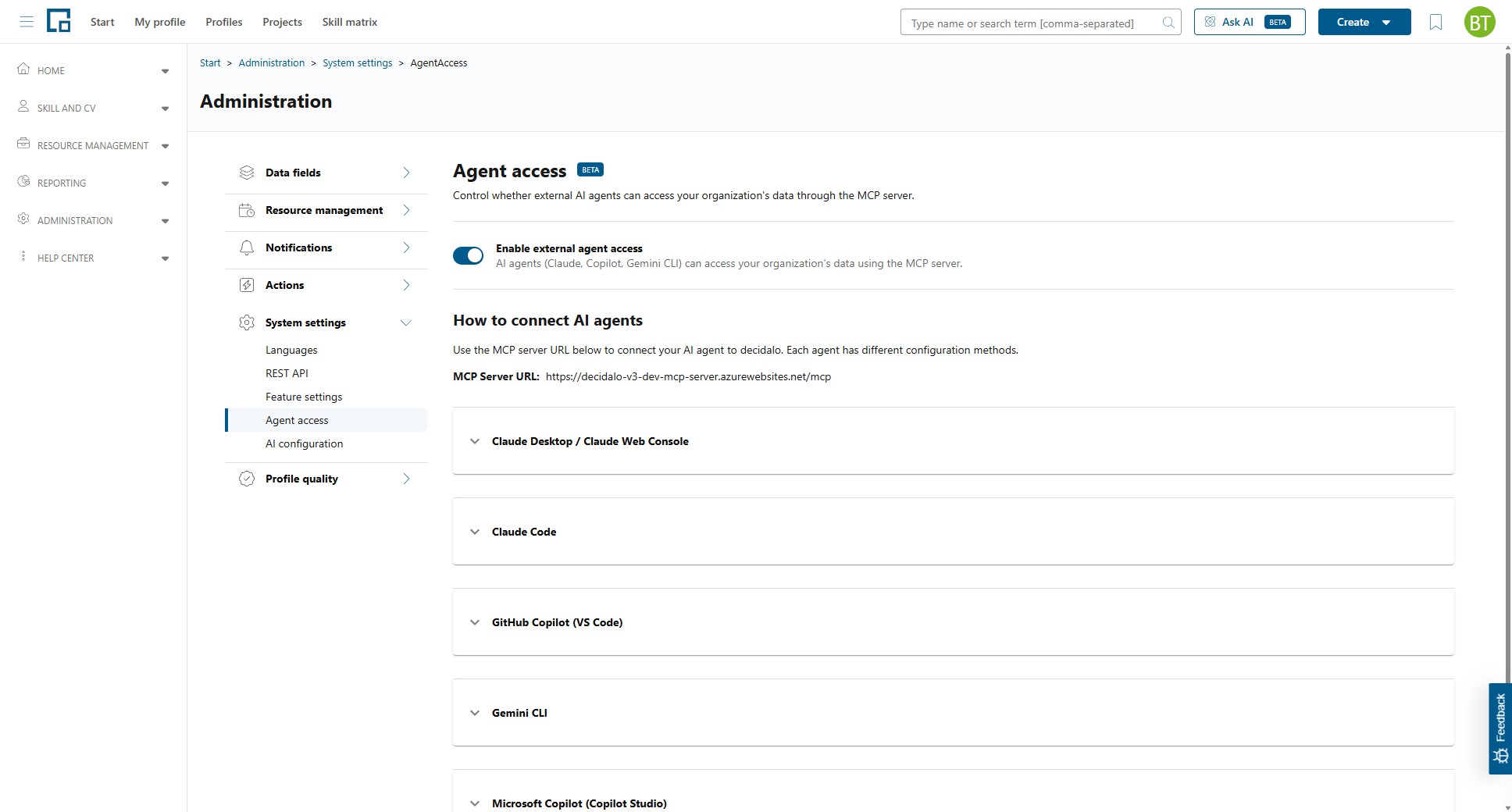 Agent access page with the external agent access toggle, MCP server URL and setup sections per AI agent