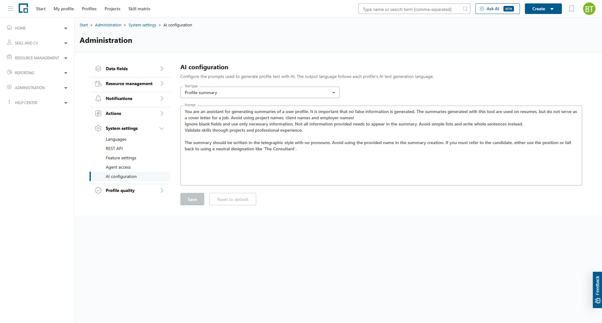 AI configuration page with the text type dropdown, editable prompt field and save and reset buttons