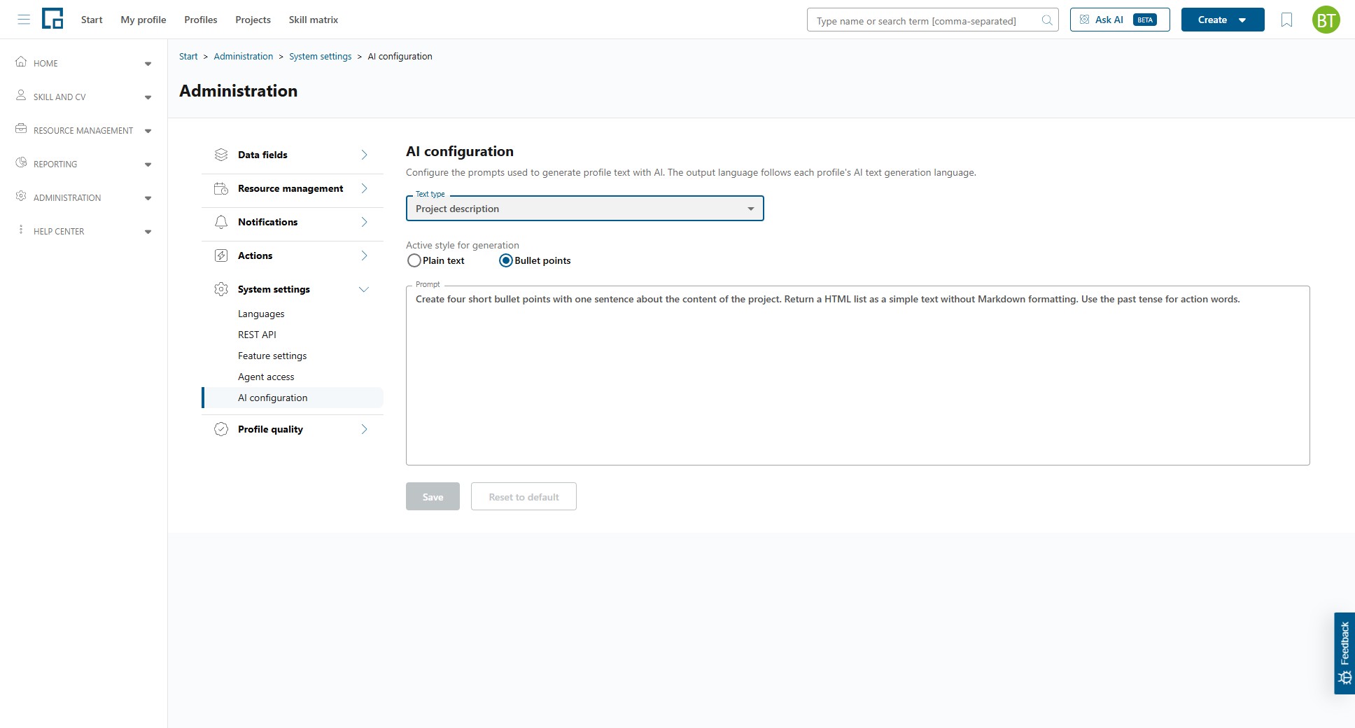 Project description text type with the active style choice of plain text or bullet points above the prompt