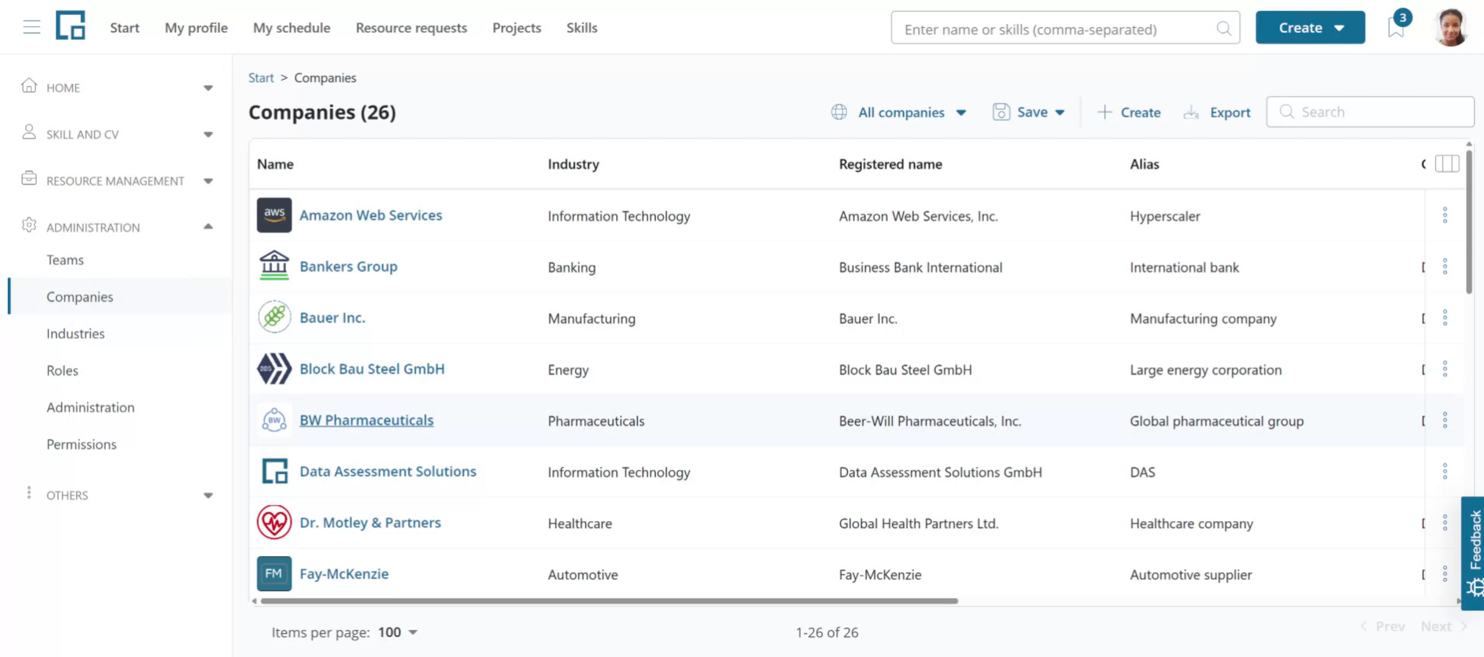 Companies list with name, industry, registered name and alias columns and a create button