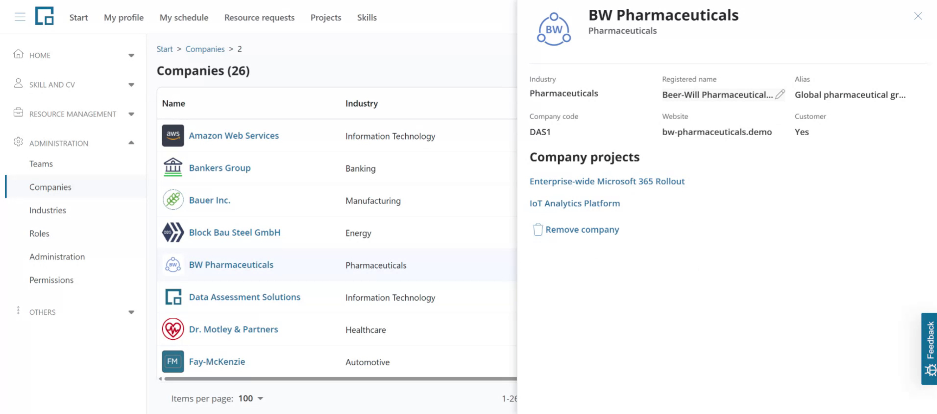 Company side drawer with editable company fields, linked company projects and a remove company option