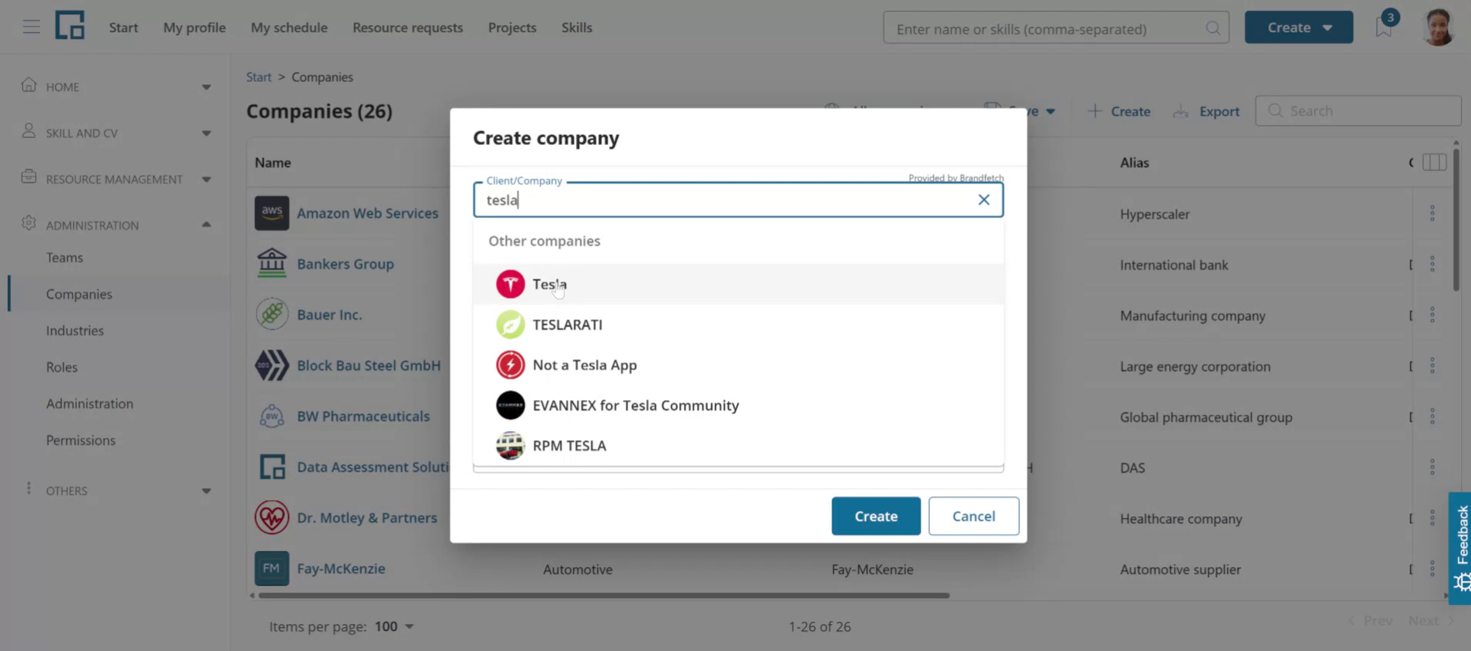 Create company dialog suggesting matching companies from Brandfetch while a name is typed