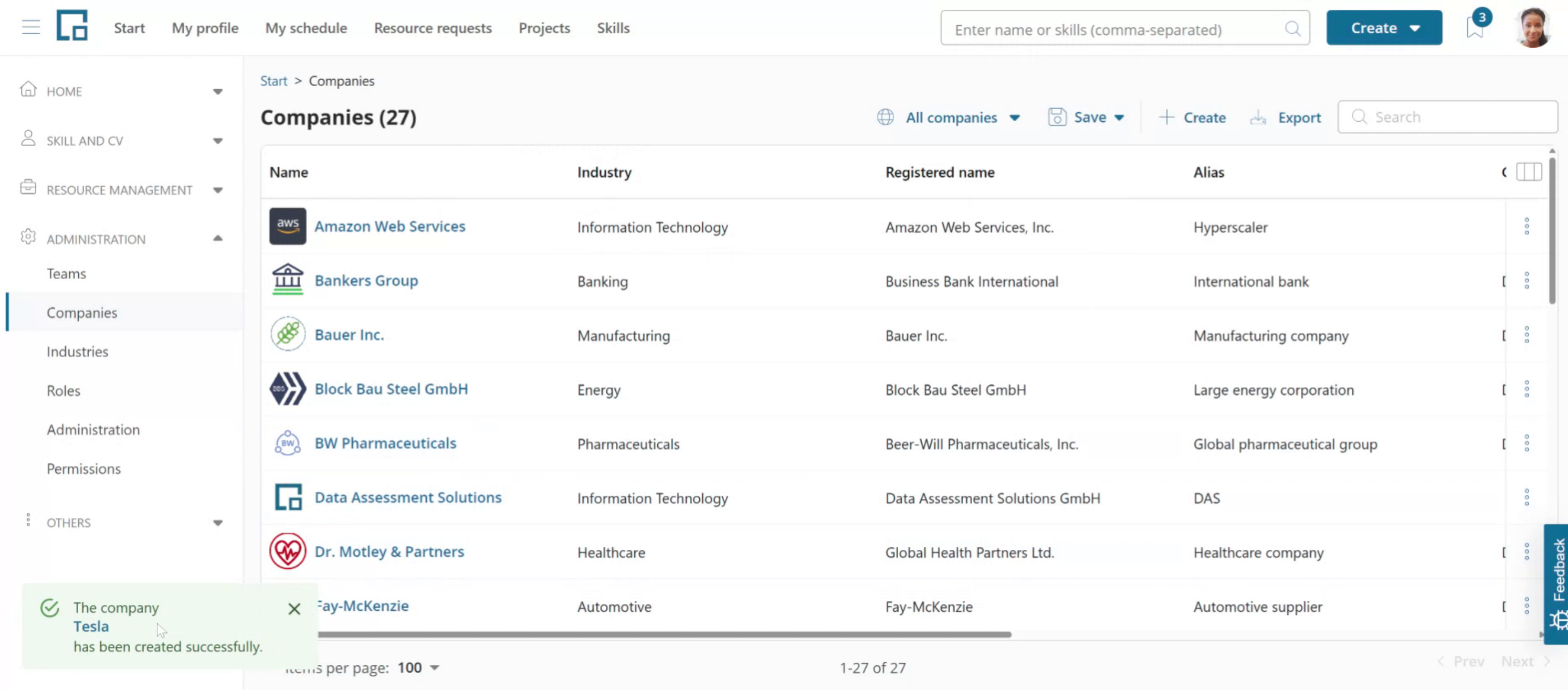 Companies list with a success message linking to the newly created company