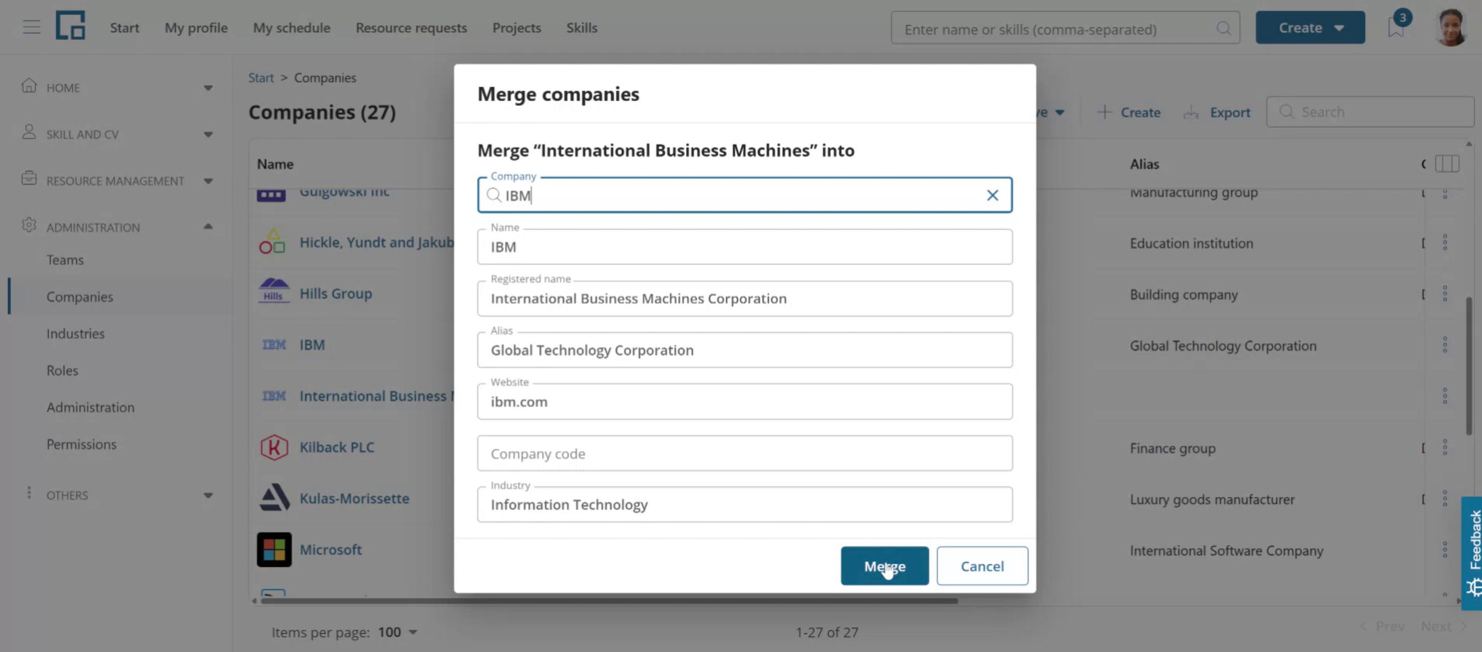 Merge companies dialog with the target company selected and prefilled fields for the merged result