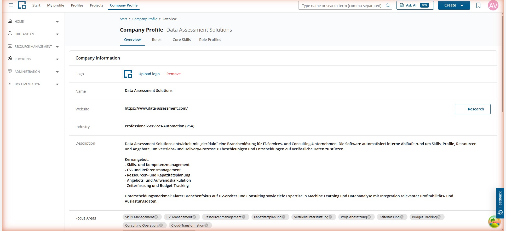Company profile overview tab with tabs for roles, core skills and role profiles and the company information section