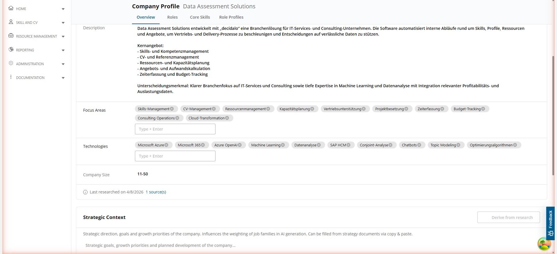 Company information fields with focus area and technology tags, company size and the last research date