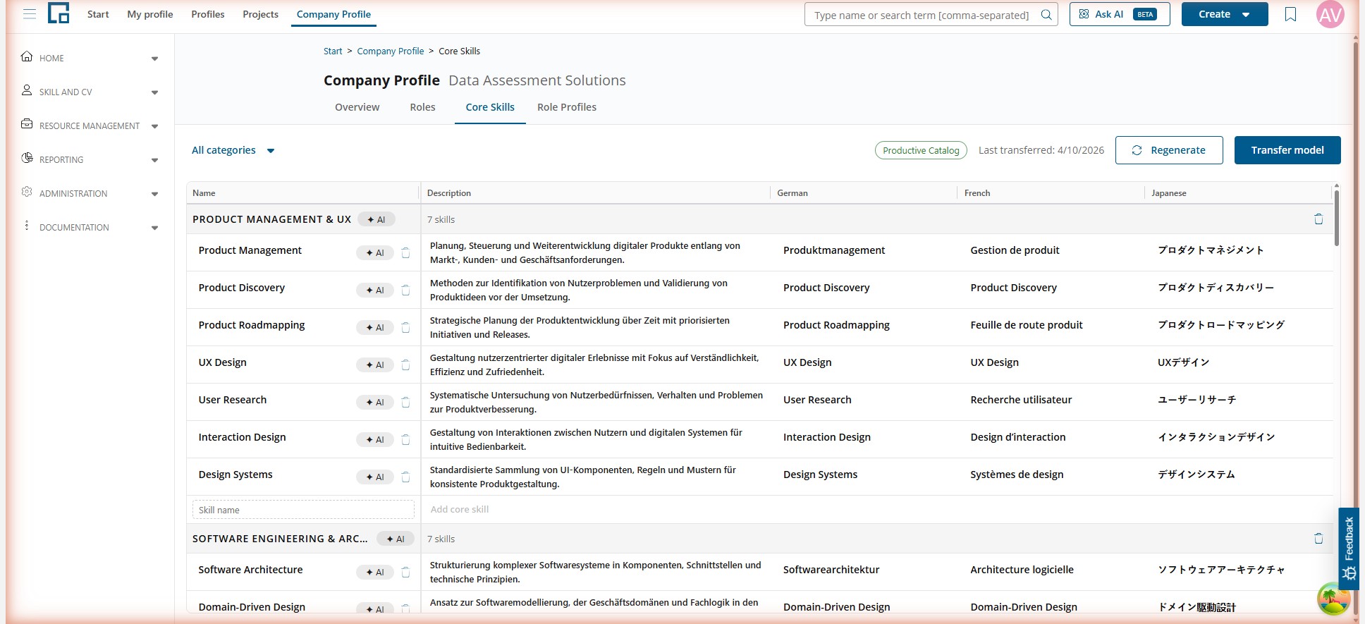 Core skills table grouped by category with translations per language, regenerate and transfer model buttons
