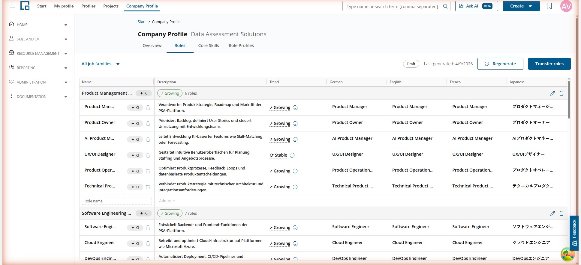 Roles tab listing roles under job families with trend indicators and role names per language