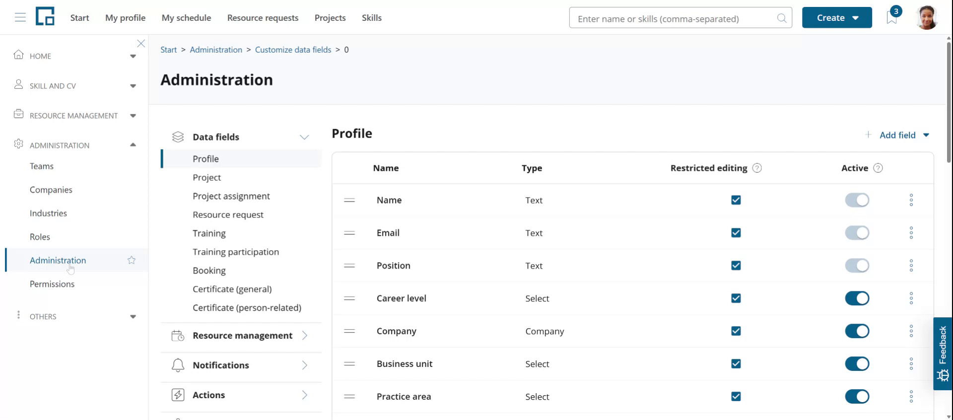 Administration page opened from the main menu, showing the data fields area with the profile field list