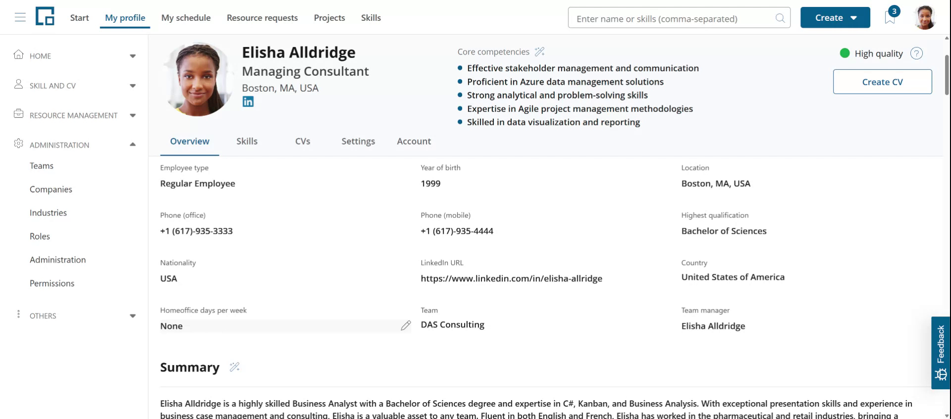 Profile overview page showing the new home office days field with its default value