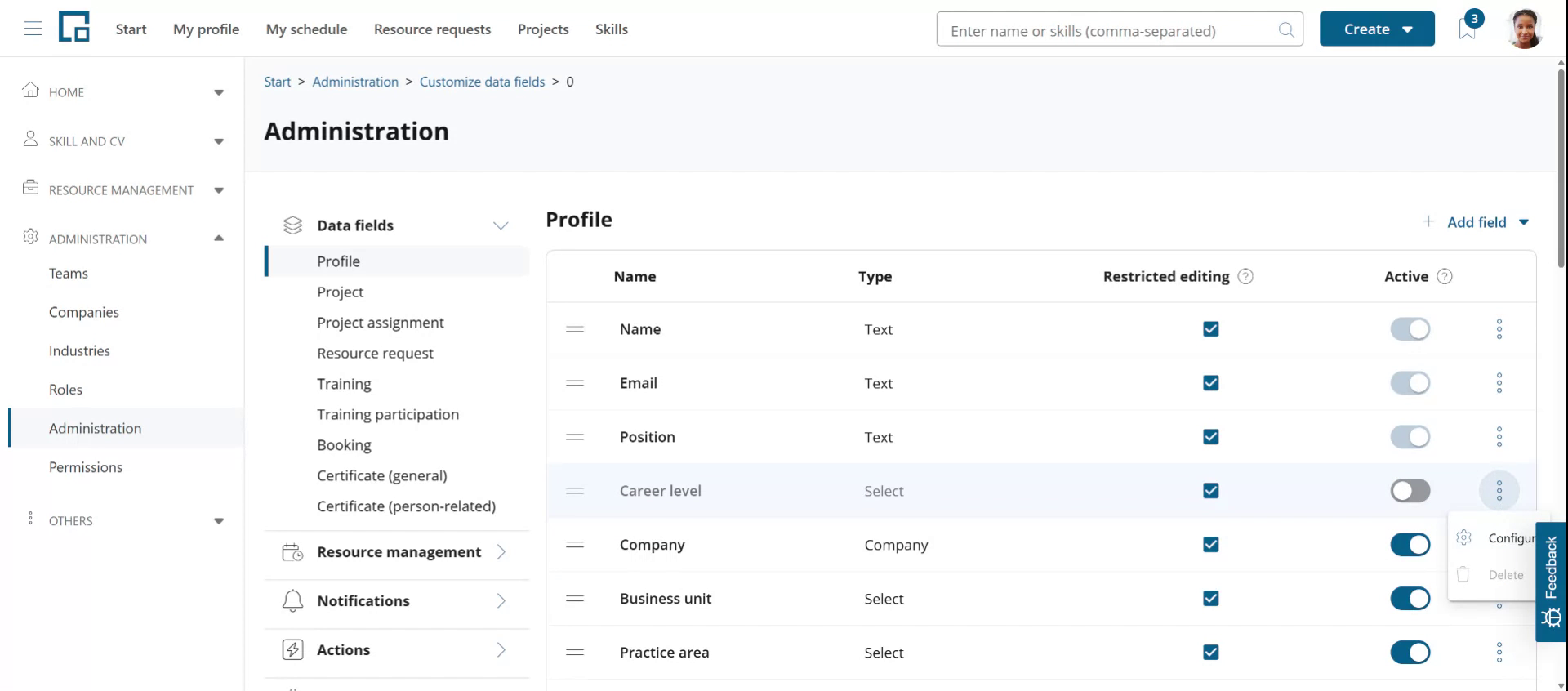 Three-dots context menu of a data field row with the configuration and delete options