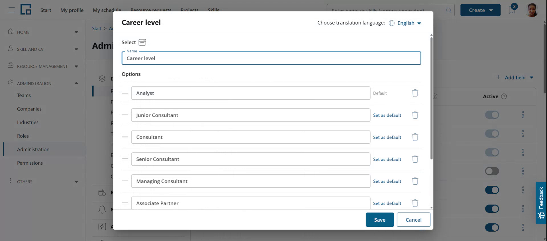 Configuration pop-up of a select field with its name, the option list, the default label and translation language picker