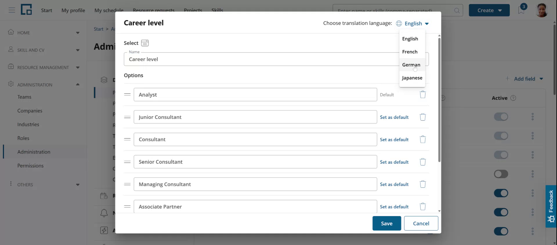 Translation language dropdown opened in the configuration pop-up of a select field
