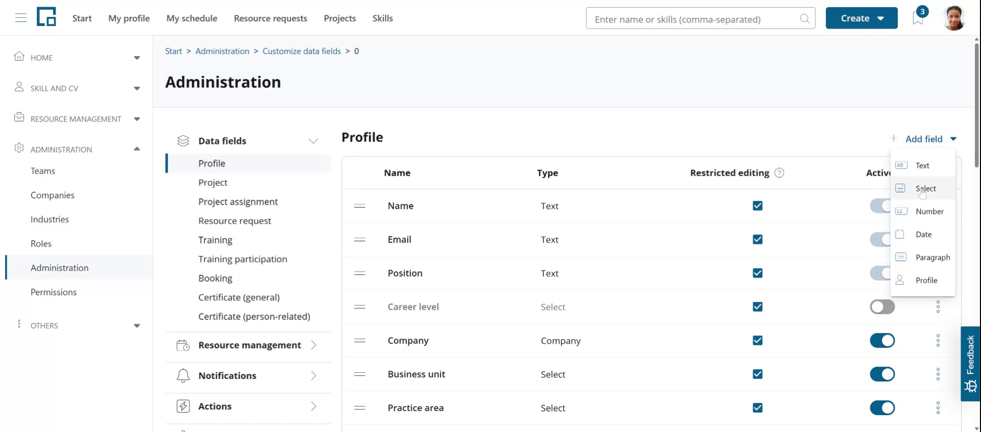 Add field menu listing the available field types such as text, select, number and date