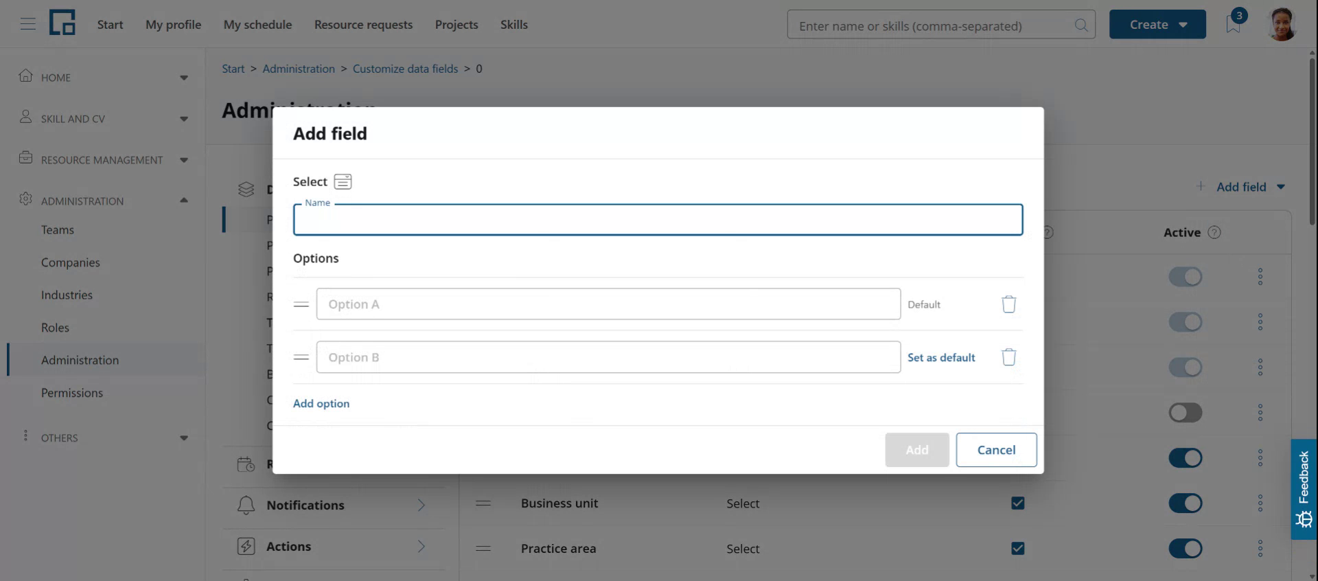 Empty add field dialog for a select field with a name input and two option rows