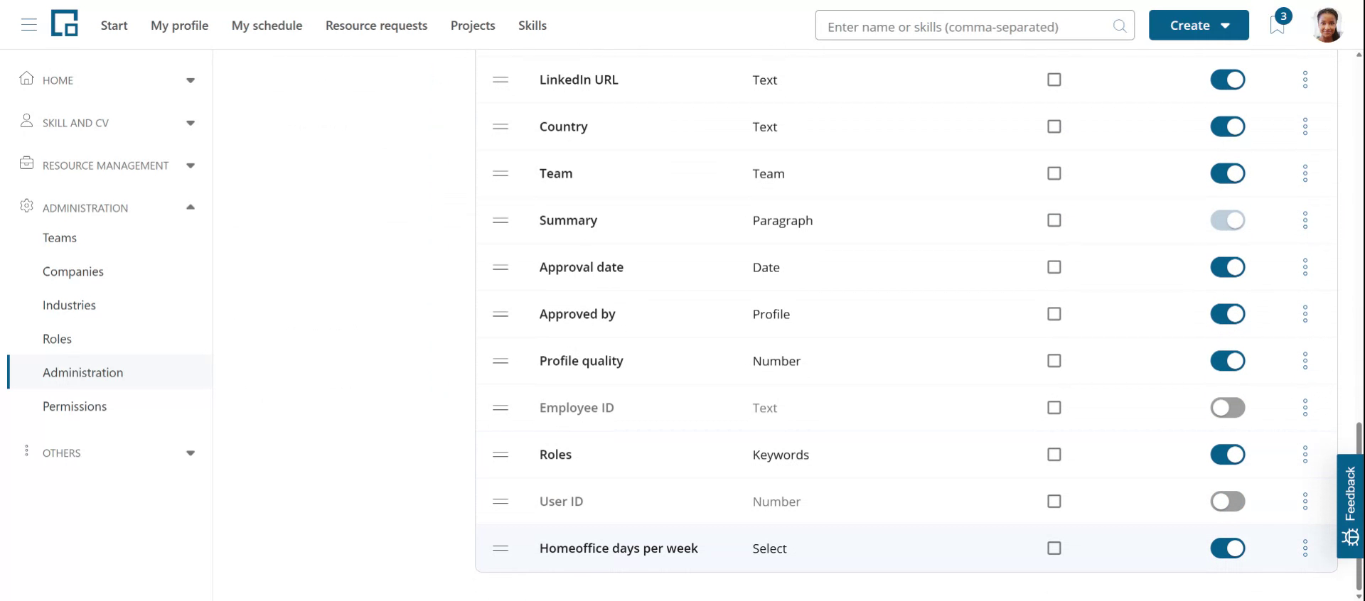 New custom field added at the bottom of the profile field list with a drag handle to reposition it