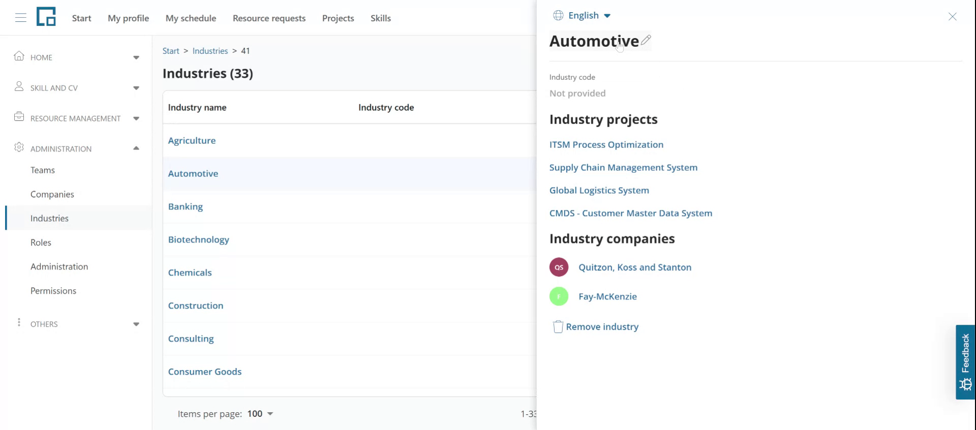 Industry side drawer with an editable name, industry code and the projects and companies using the industry