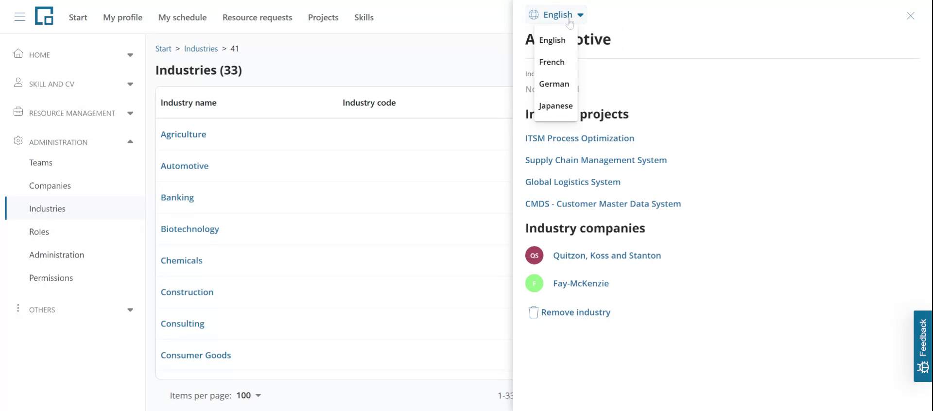 Language selector open in the industry side drawer for editing a translation of the industry name