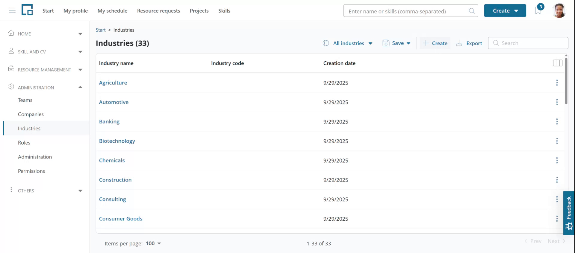 Industries table with the create button in the toolbar above it