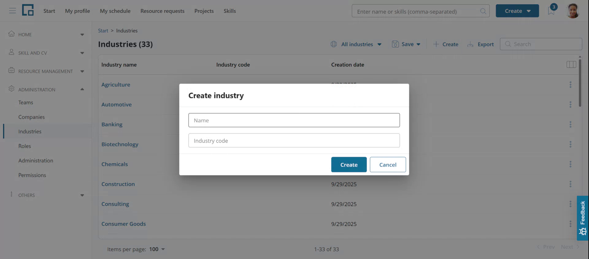 Create industry dialog with name and optional industry code fields
