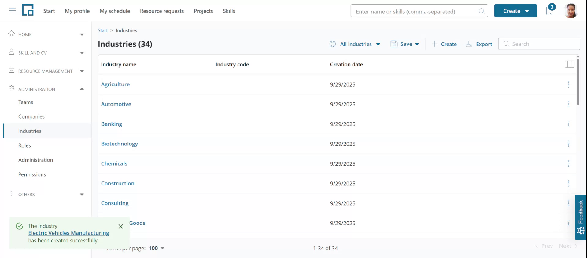 Success notification with a link to the newly created industry