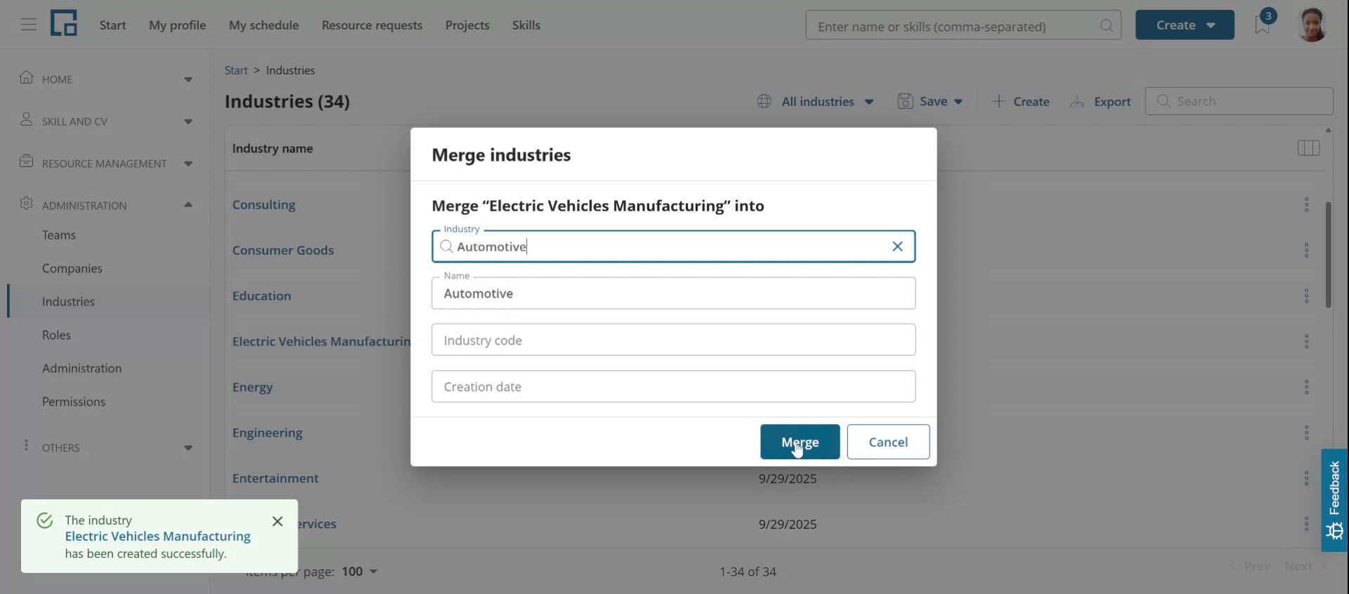 Merge industries dialog with the target industry selected and prefilled name and industry code fields