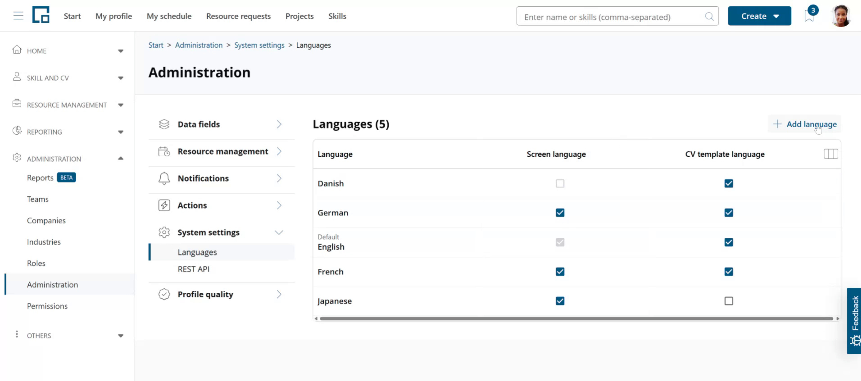 Languages table with screen language and CV template language checkboxes and the default language marked