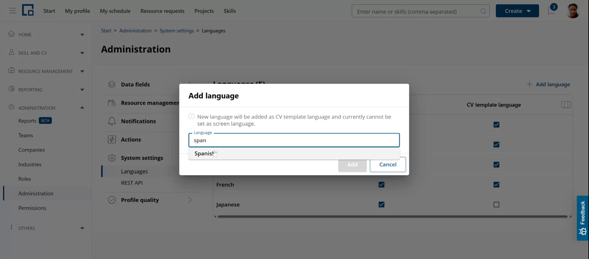 Add language dialog with a searchable language list and a note that it is added as CV template language only