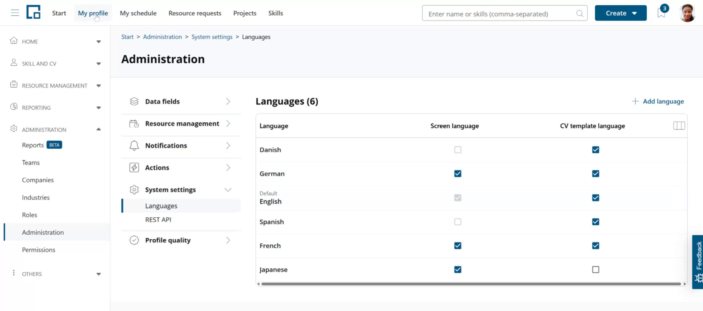 Languages table with the newly added language checked as CV template language but not as screen language