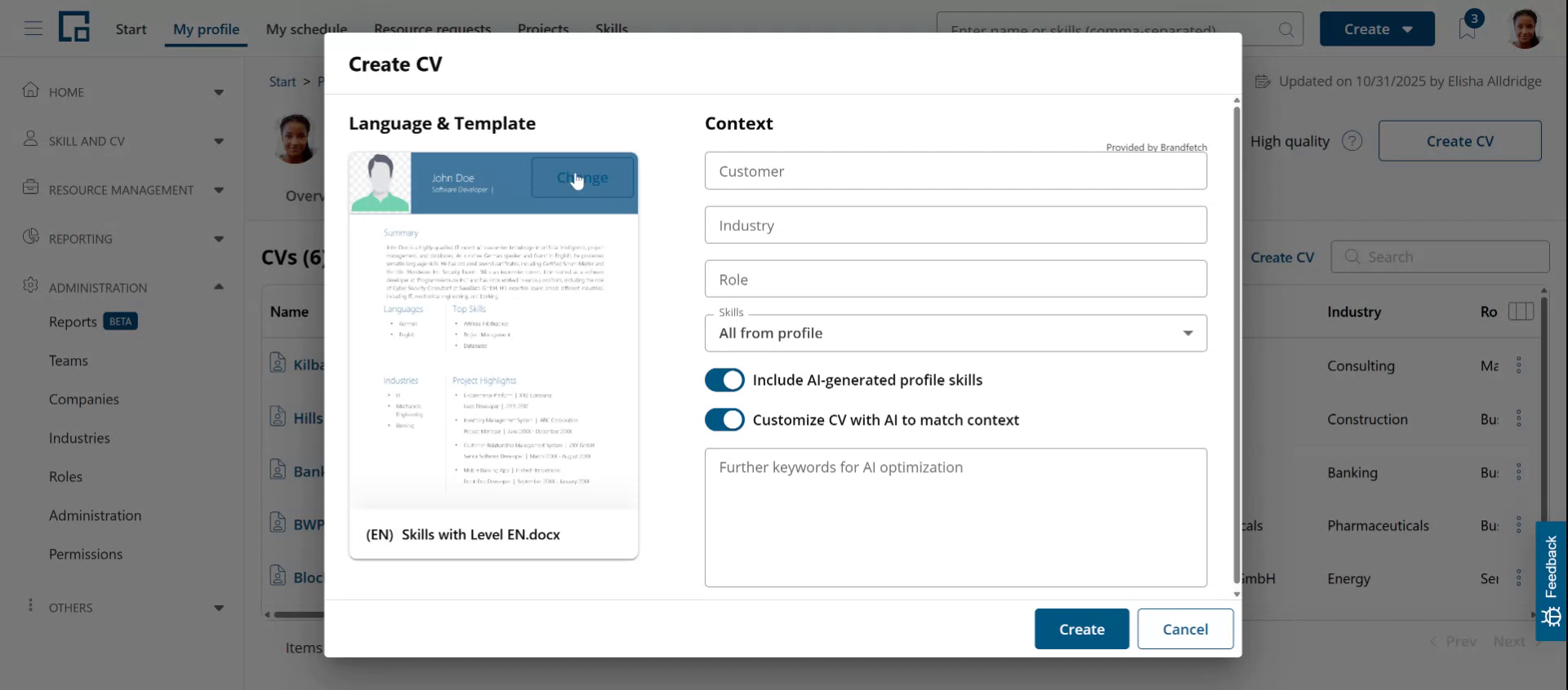 Create CV dialog with the selected template preview and its change button