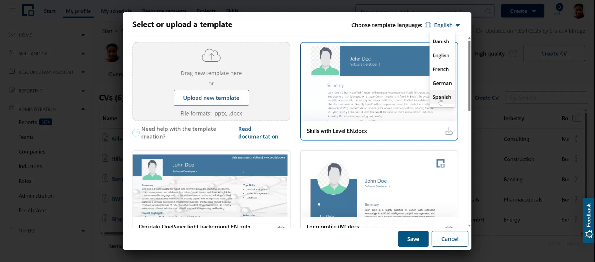 Template library with the template language dropdown open, listing the new CV language