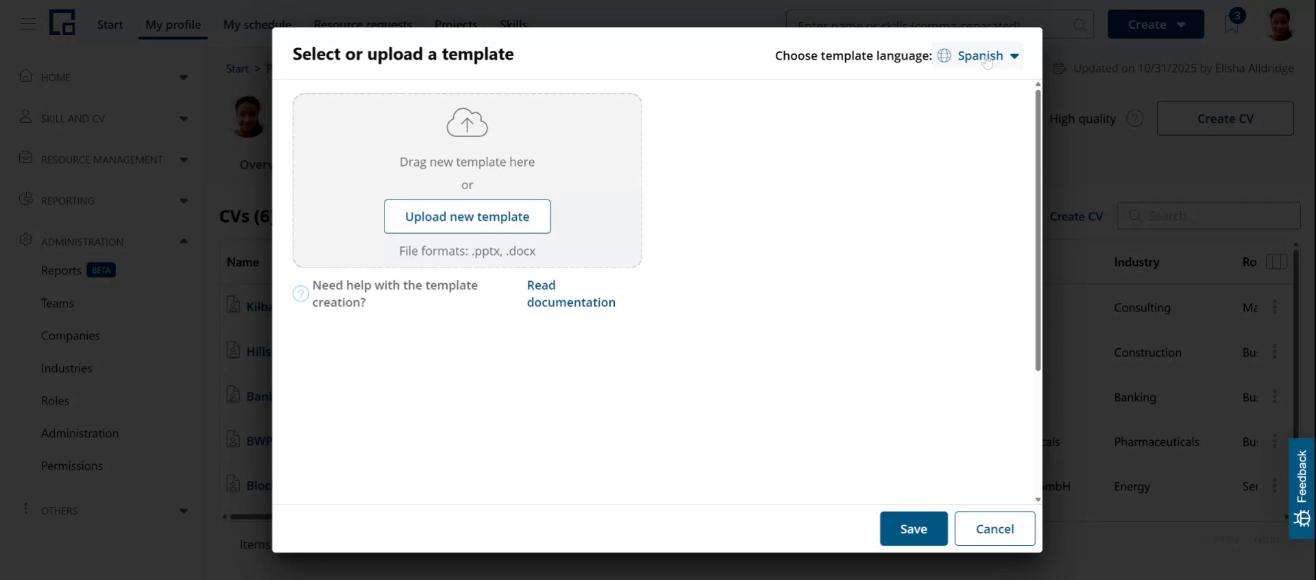 Template library for the new language with no templates yet, only the upload area