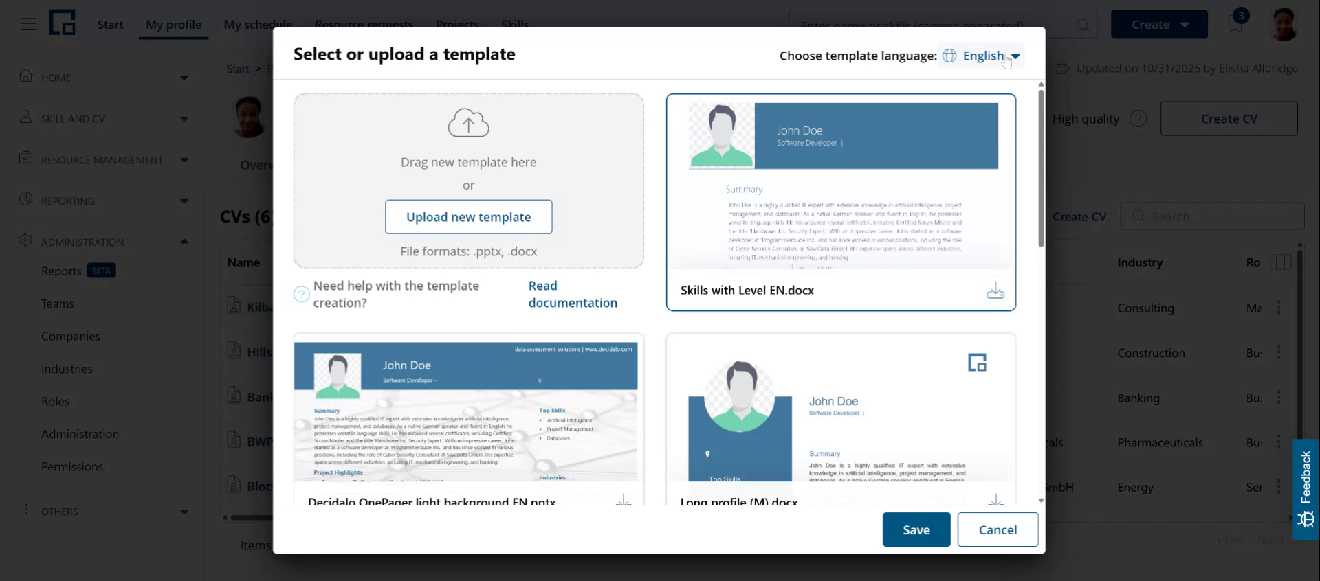 Template library in an existing language with template cards and a download icon on each