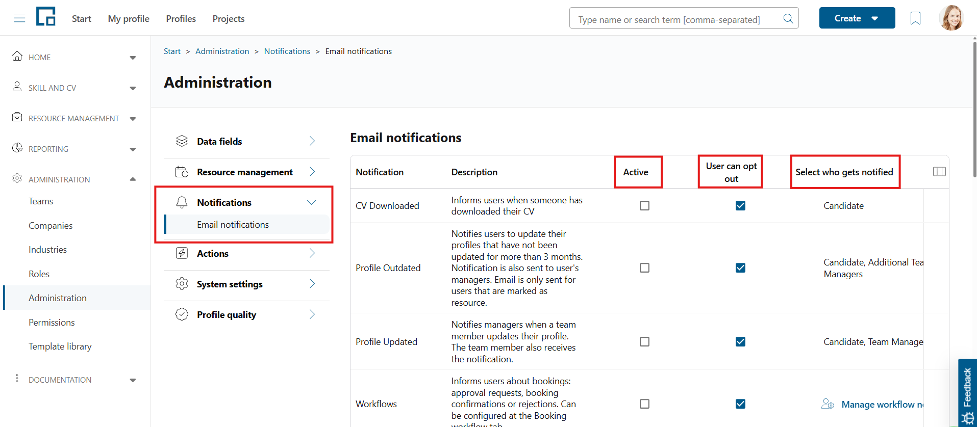 Email notifications list in the administration with active, user can opt out and recipient columns highlighted