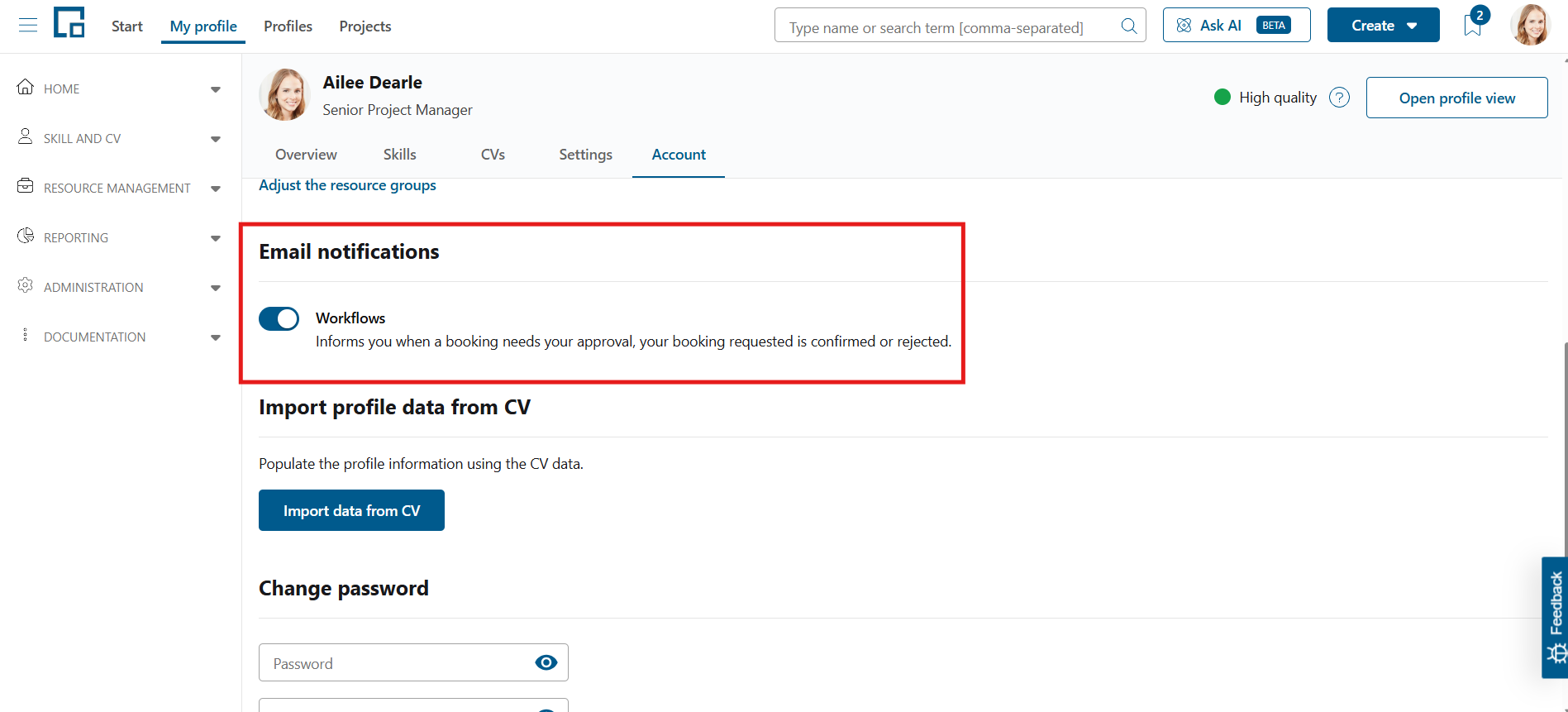 Email notifications section on the profile account tab with a toggle to opt out of a notification