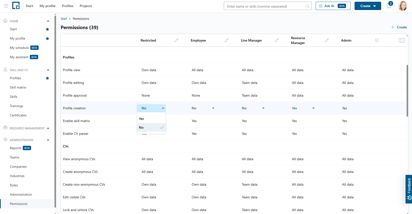 Permission matrix with a yes or no dropdown opened for one permission