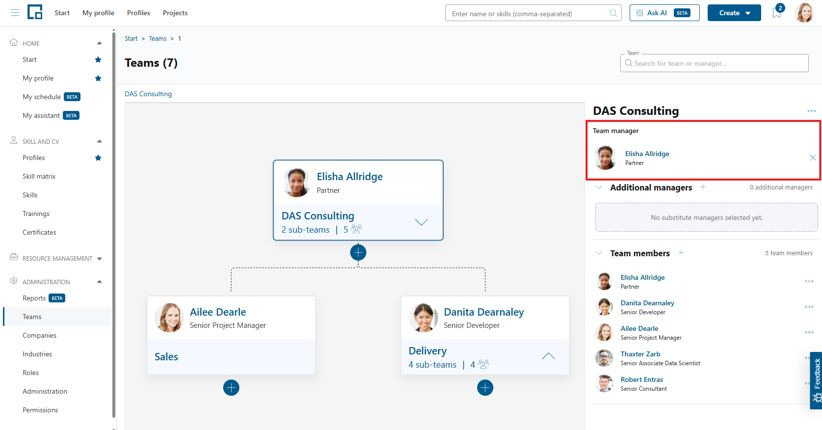 Team side panel on the teams page with the team manager section highlighted