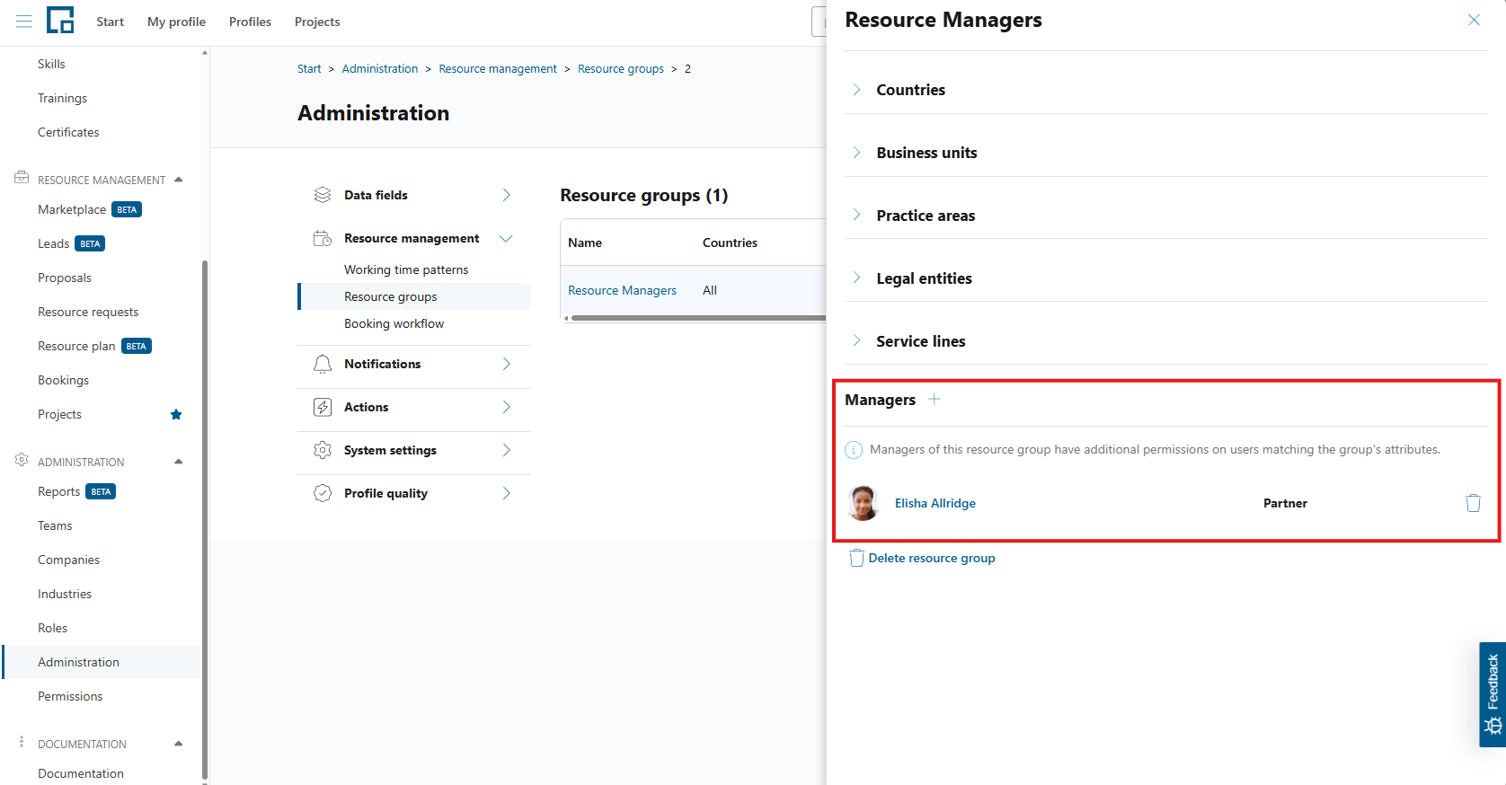 Resource group side drawer with the managers section highlighted