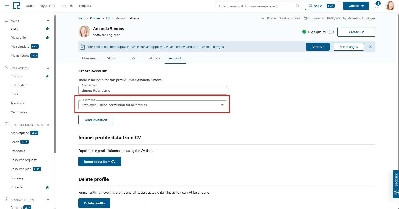 Create account form with the default employee permission profile preselected