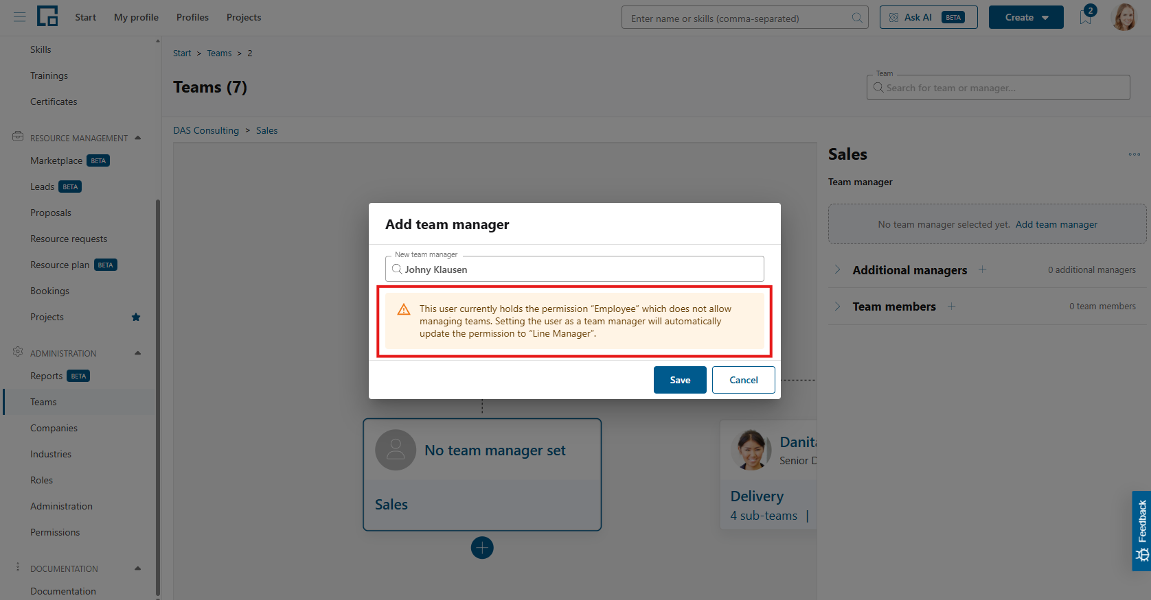 Add team manager dialog warning that the user's permission profile will be changed automatically