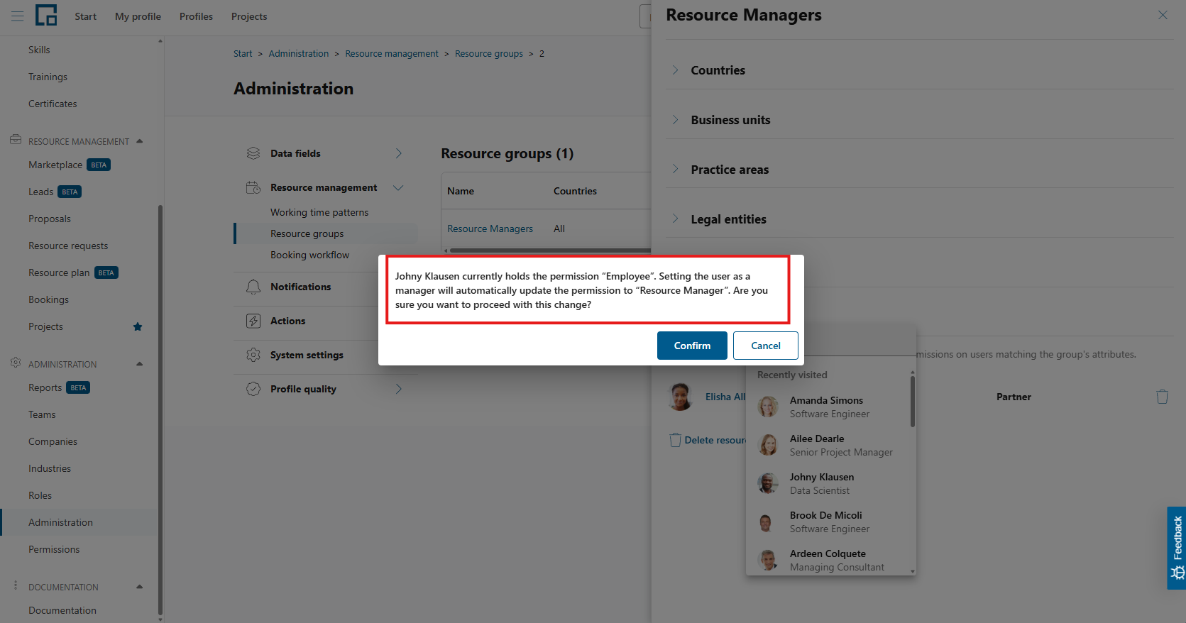 Confirmation dialog warning that adding a resource group manager changes their permission profile