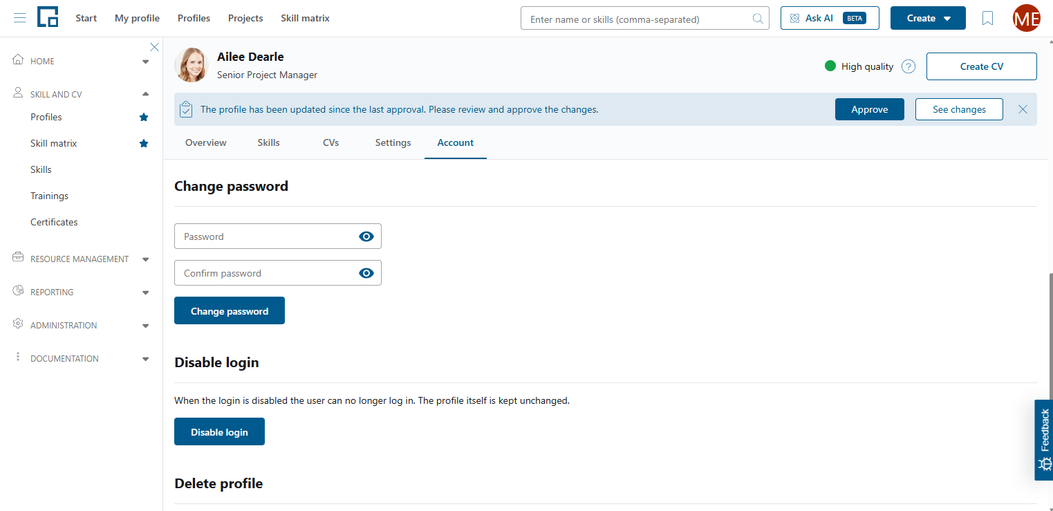 Account tab with change password, disable login and delete profile sections