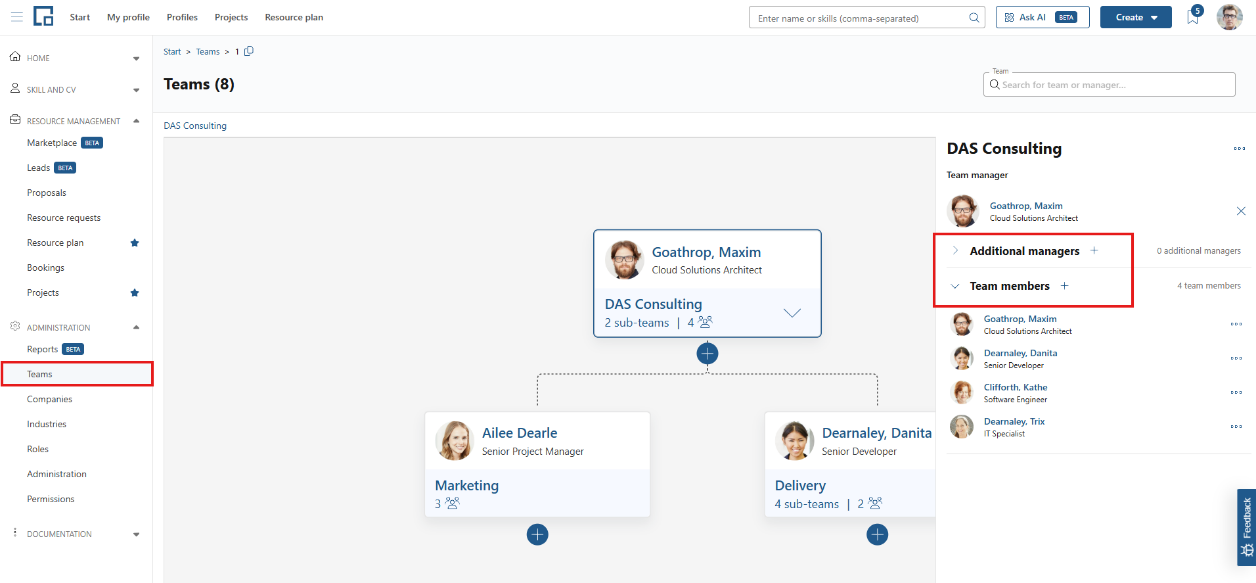 Teams page with the additional managers and team members sections of a team highlighted