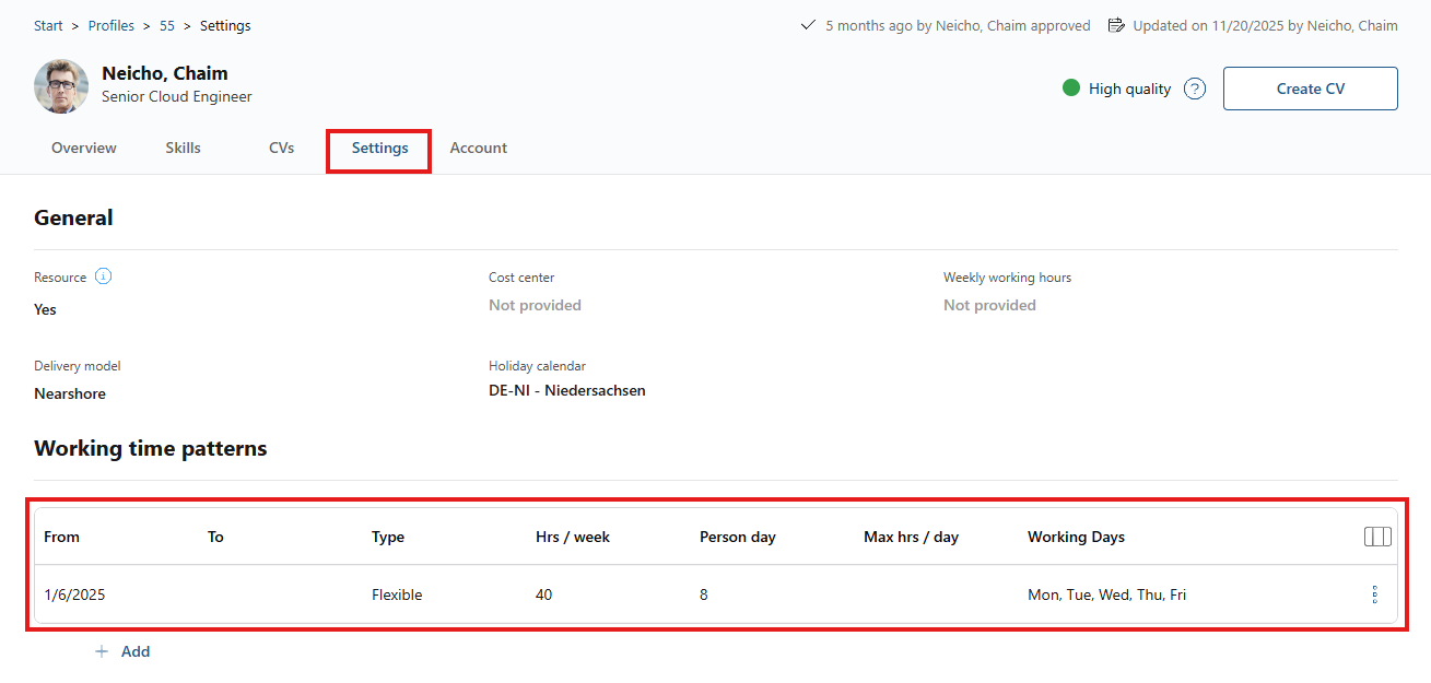 Profile settings tab with the working time patterns table highlighted