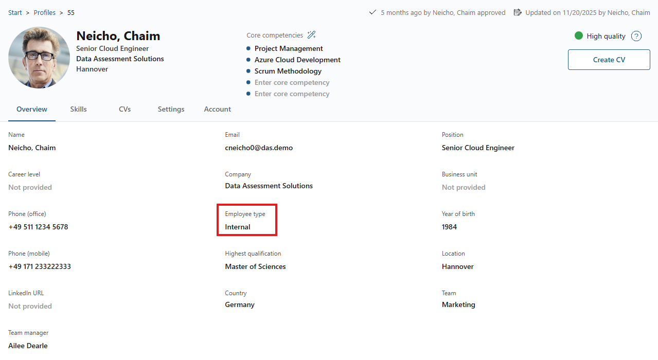 Profile overview with the employee type field highlighted