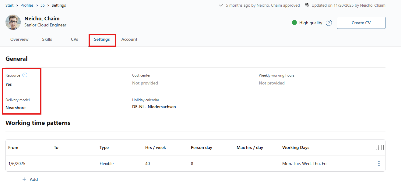 Profile settings tab with the resource and delivery model fields highlighted