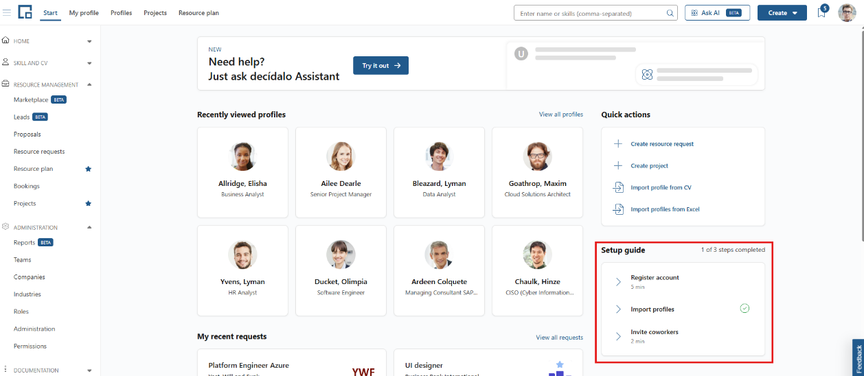 Home page with the setup guide panel highlighted