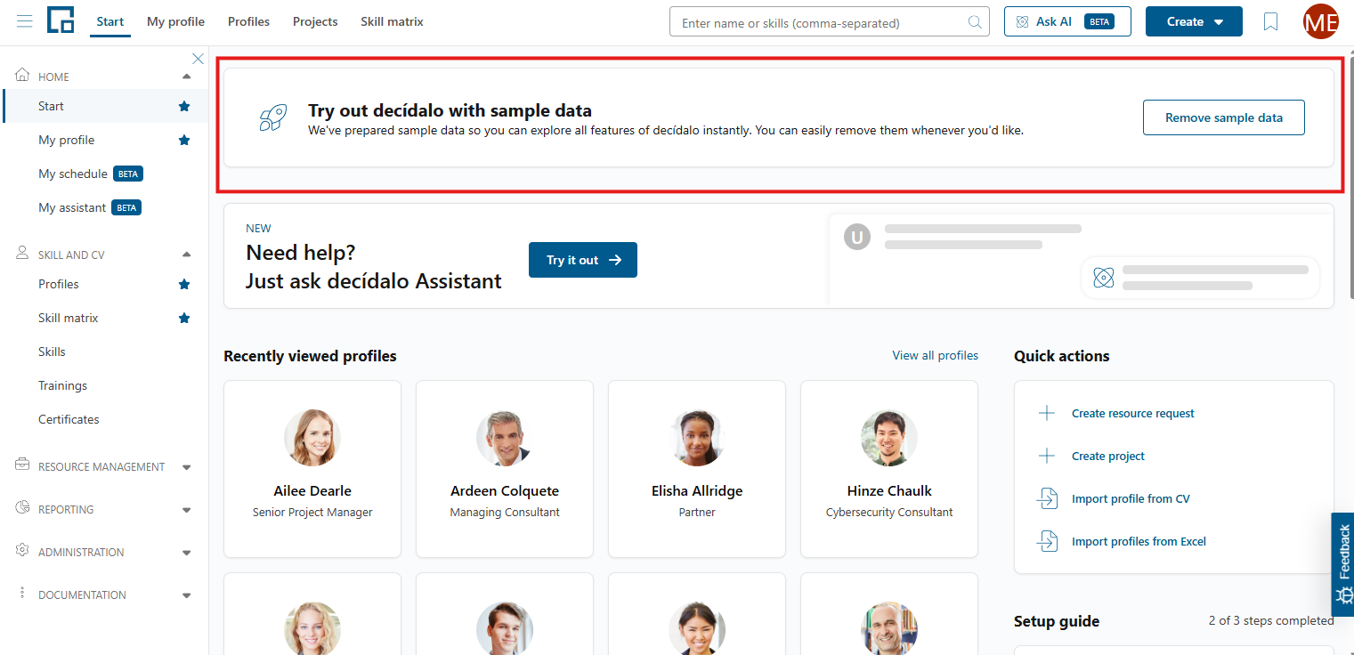 Home page banner for sample data with a remove sample data button