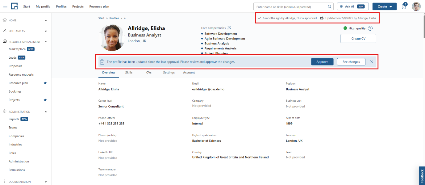 Profile header with approval status and the banner to approve or see changes highlighted