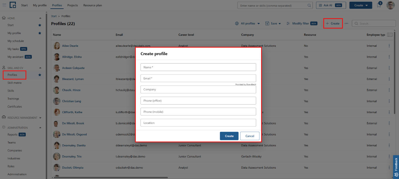 Profiles page with the create profile dialog opened